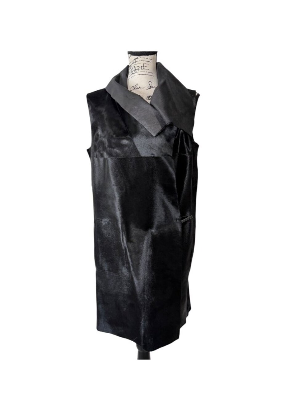 Lafayette 148 Women Size X Black Sleeveless Vest Faux Fur Calf-Hair Leather